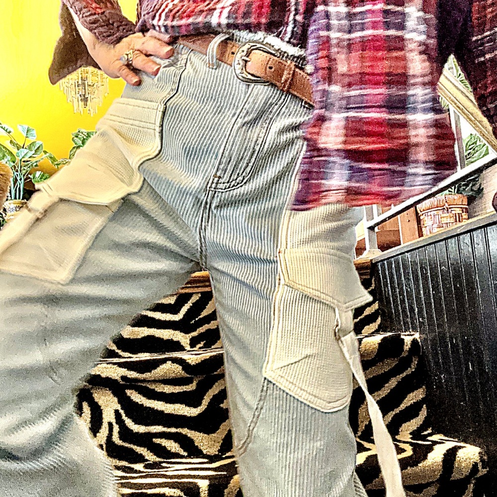 Big pocket railroad stripe jeans shabby button ankle boho denim blue pants
